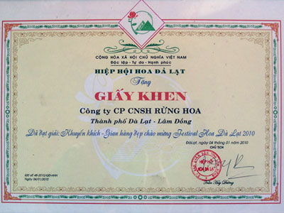 Giấy khen CT CPCNSH Rừng Hoa Đà Lạt đạt giải Khuyến khích - Giang hàng đẹp chào mừng Festival Hoa Đà Lạt 2010