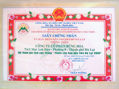 Giấy chứng nhận CTY CP CNSH Rừng Hoa Đà Lạt đã tham gia tích cực trong 